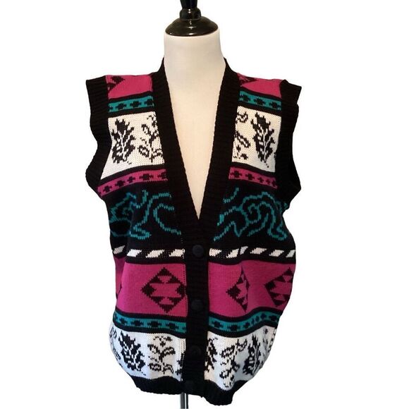 Vintage Cabin Creek Women’s Small Black Pink Green Aztec V-Neck Sweater Vest - Picture 1 of 9